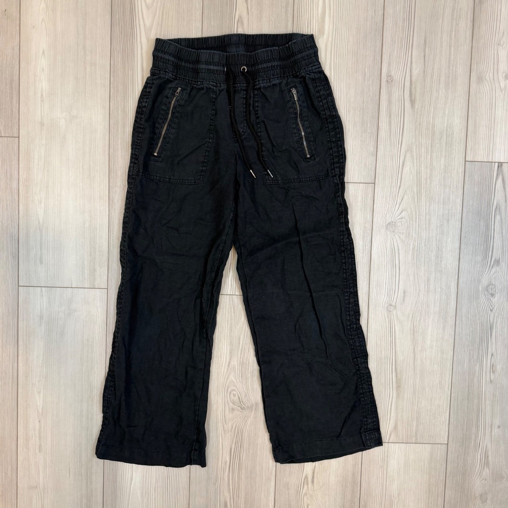 Athleta Cabo Linen Wide Leg Pants Black Smocked Drawstring 447244 Size‎ 4